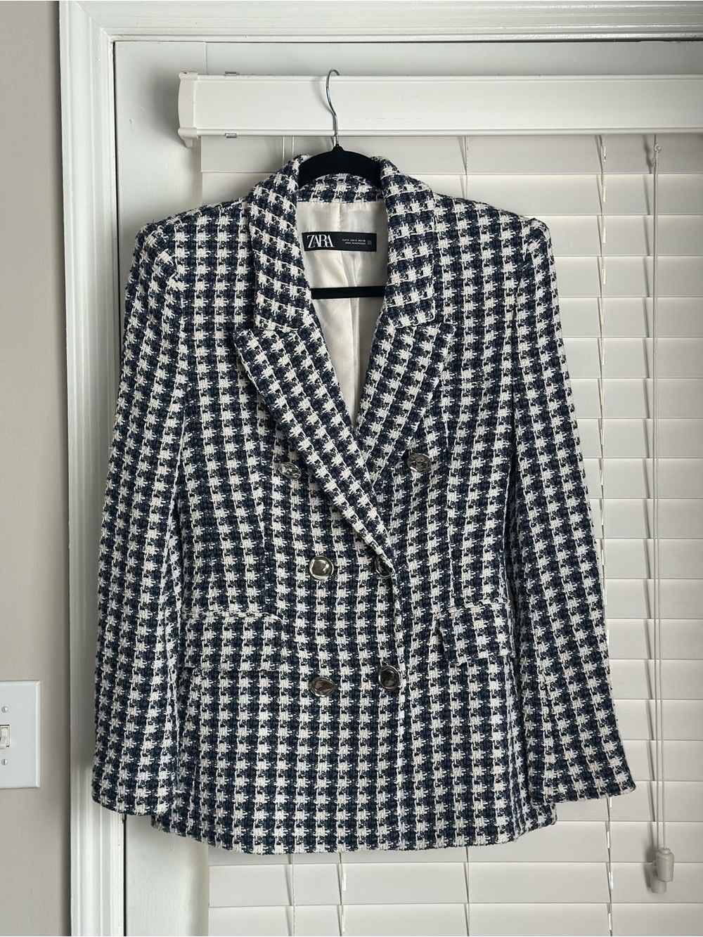 ZARA Navy and White Houndstooth Double-Breasted Blazer